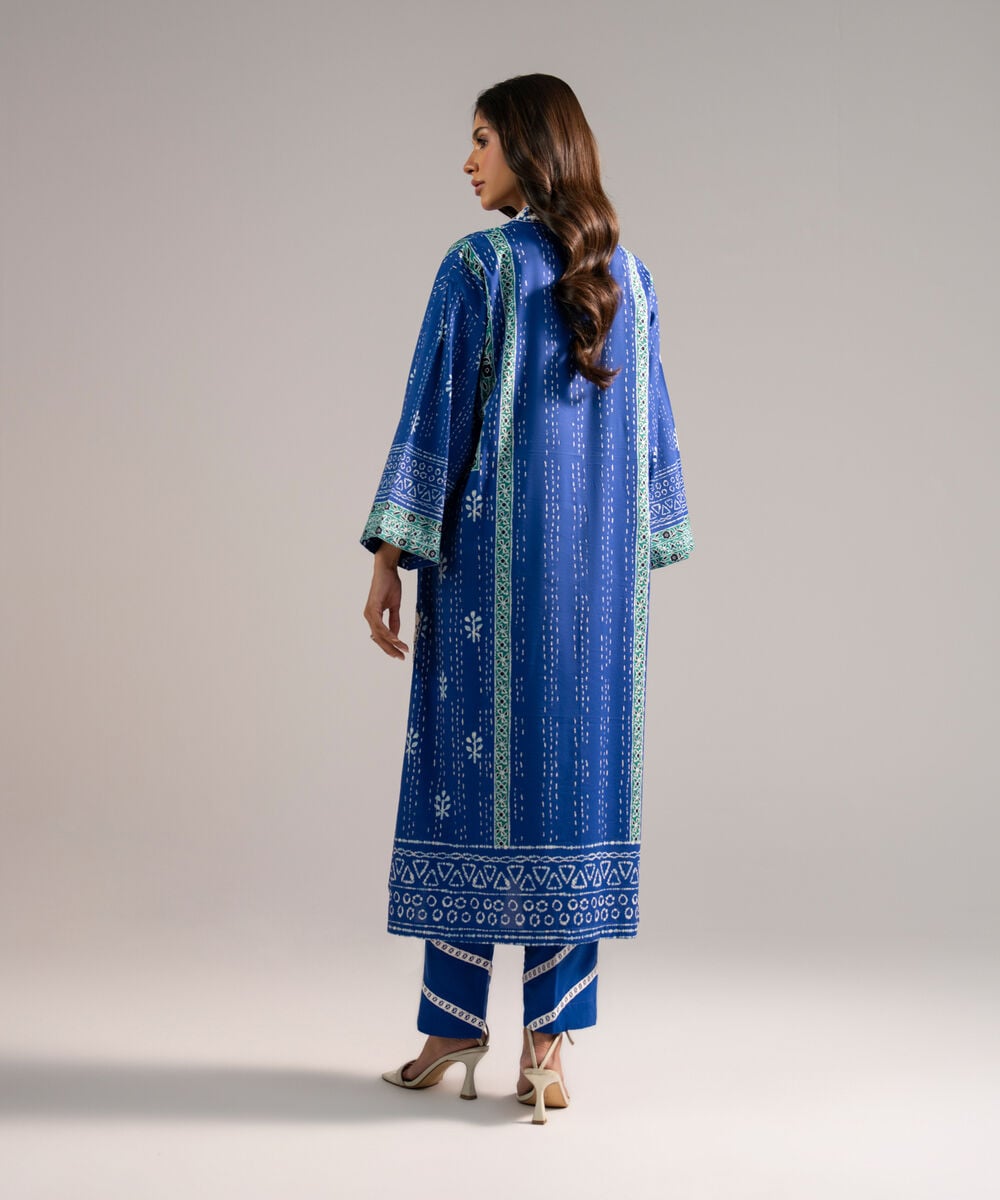 Women's RTW Lawn Embroidered Dark Blue Drop Shoulder Shirt