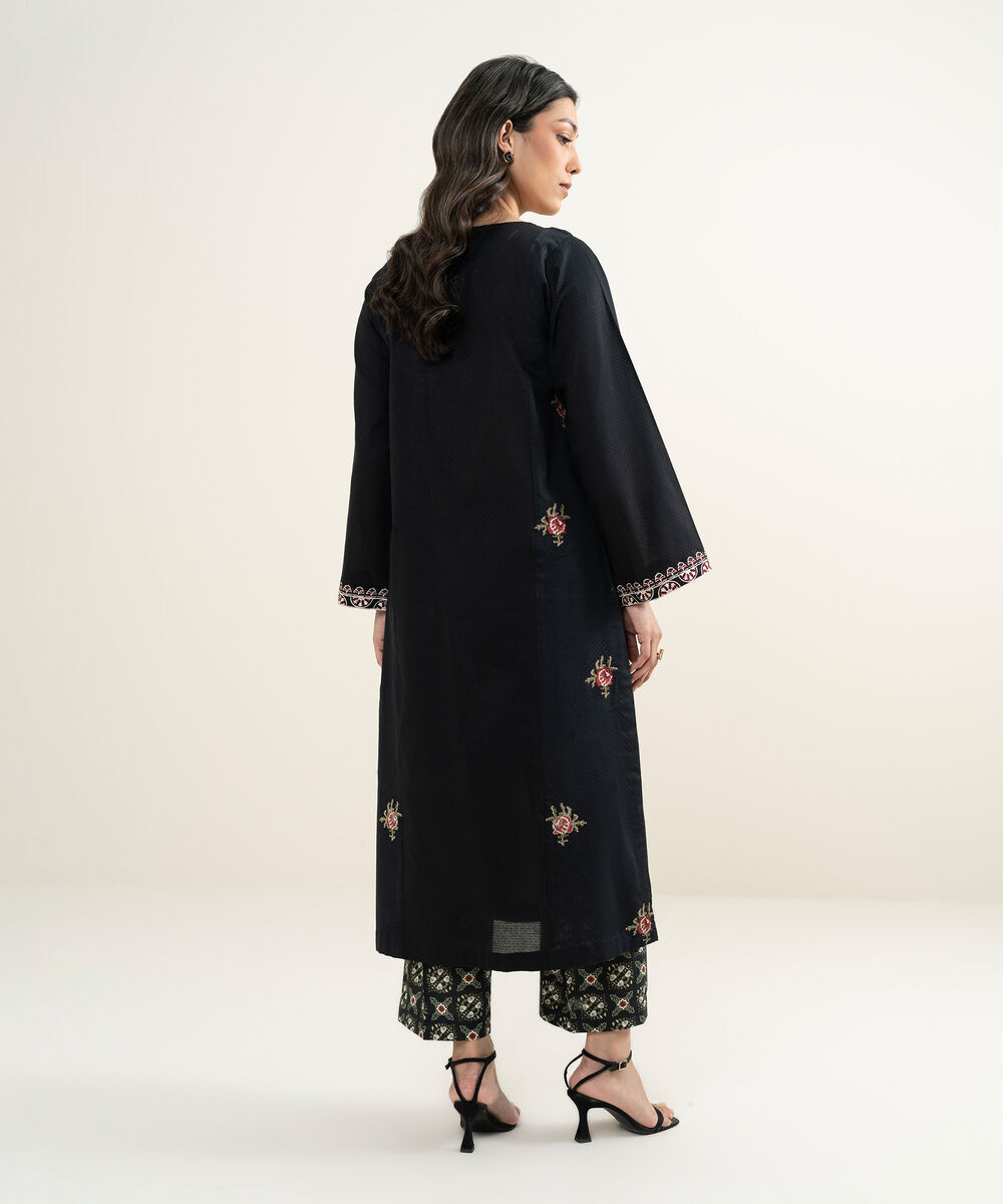 Women's RTW Dobby Embroidered Black Straight Shirt