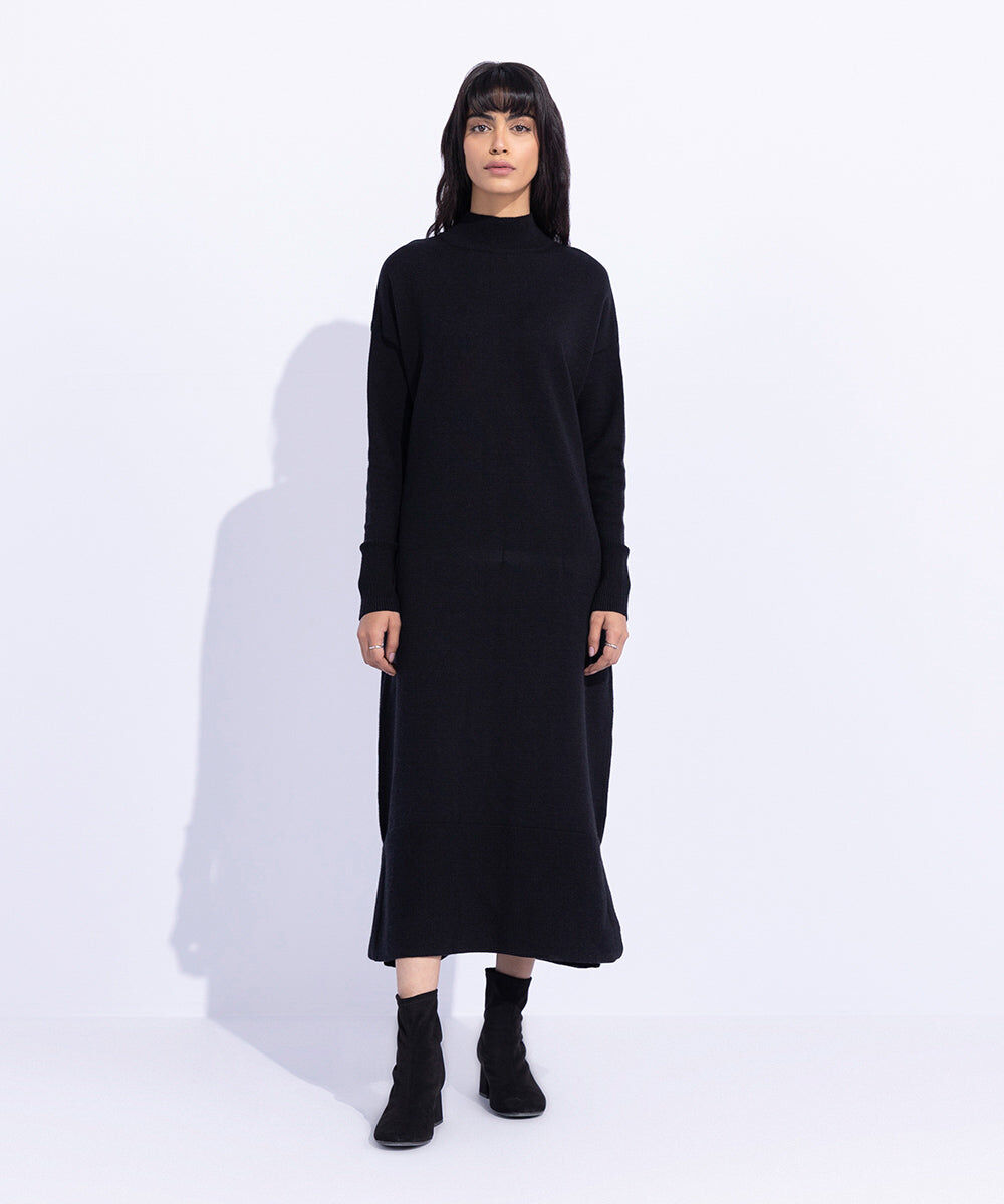 Women's Western Wear Black Long Knitted Sweater Dress
