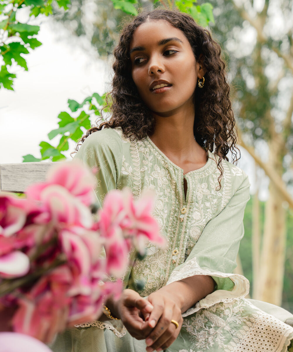 Women's RTW Lawn Embroidered Green A-Line Shirt
