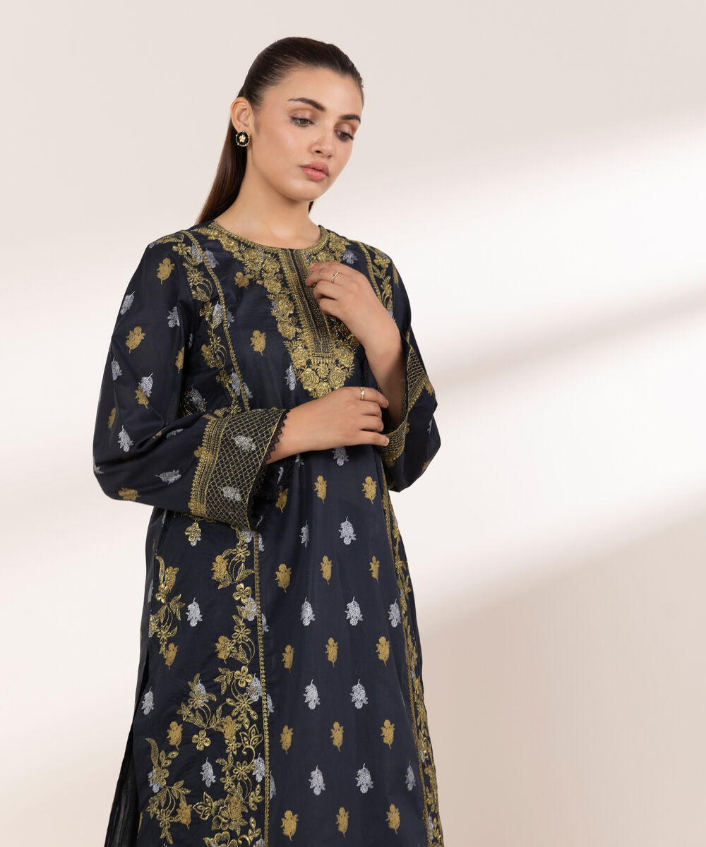 Women's RTW Lawn Black Embroidered A-Line Shirt