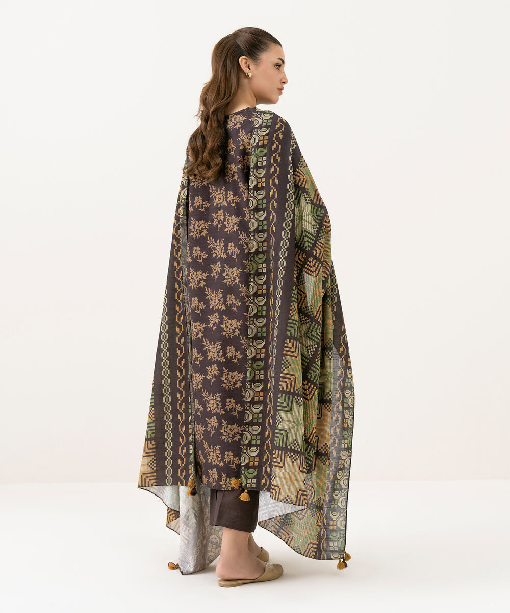 Women's Unstitched Light Khaddar Printed Brown 3 Piece Suit