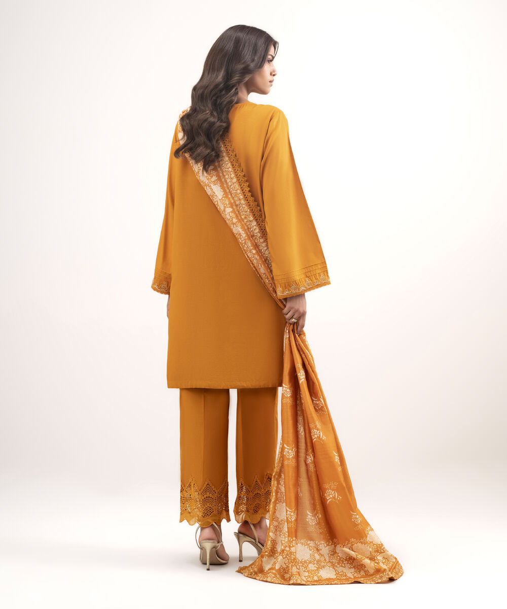 Women's RTW Raw Silk Viscose Embroidered Orange 3 Piece Suit