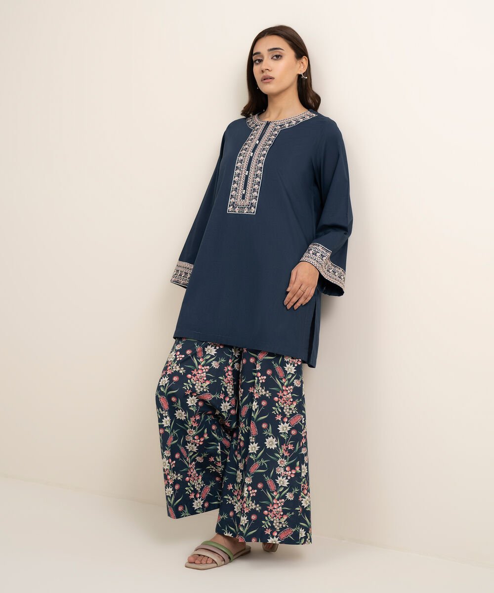 Women's RTW Cambric Embroidered Blue Straight Shirt