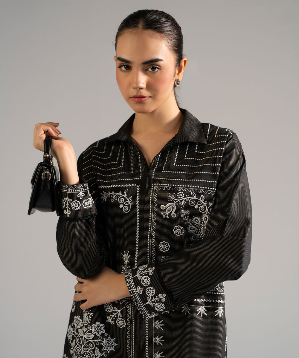 Women's RTW Zari Lawn Embroidered Black Straight Shirt
