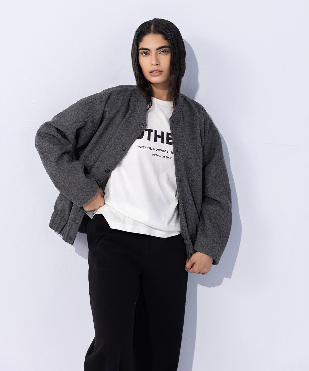 Woman - Grey Woolen Effect Varsity Jacket