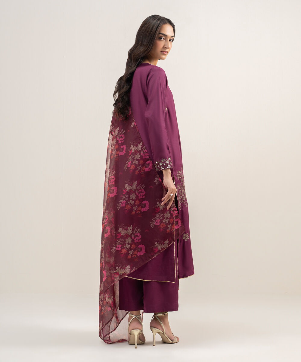 Women's RTW Viscose Raw Silk Embroidered Purple 3 Piece Suit