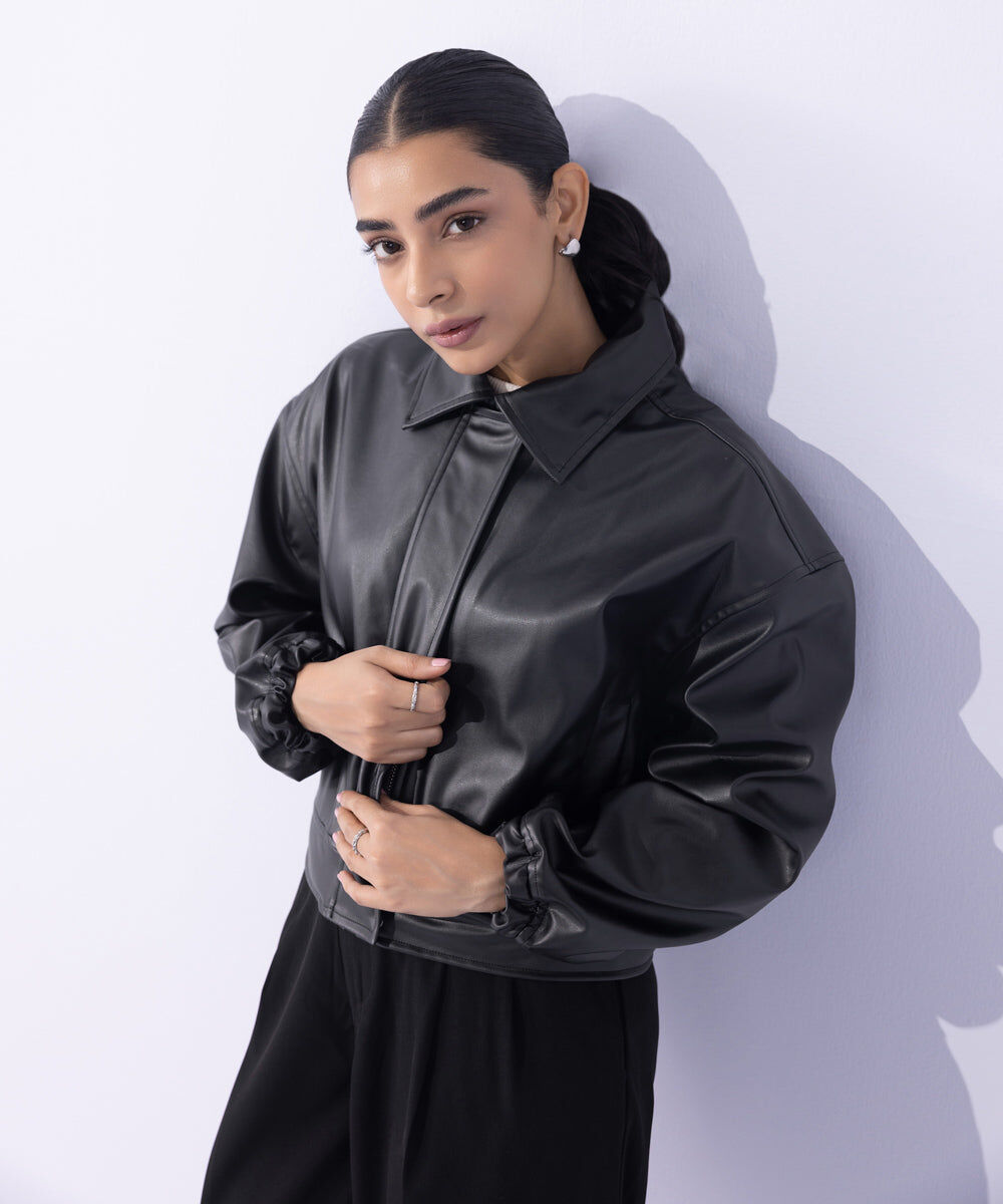 Woman - Black Cropped Faux Leather Jacket