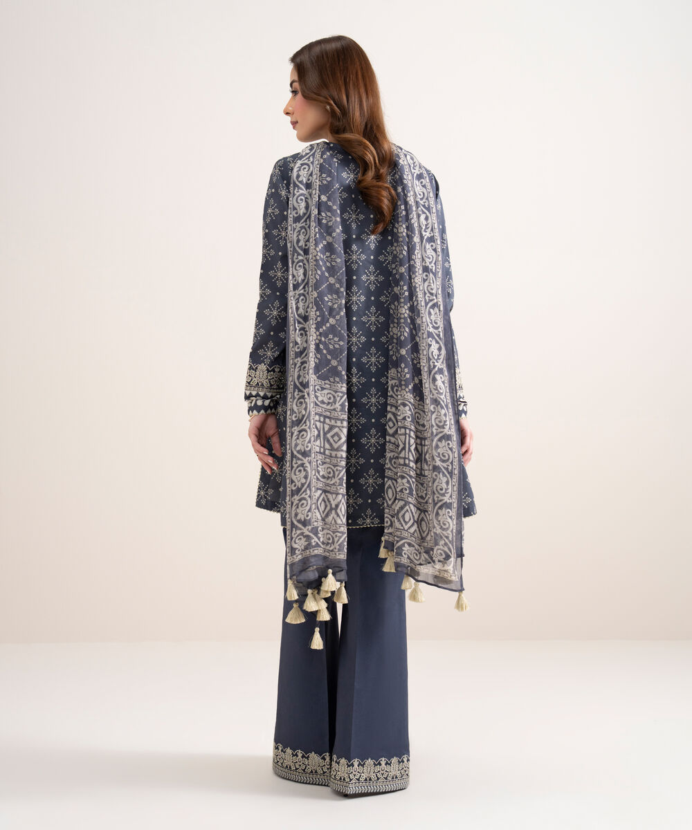 Women's Unstitched Lawn Embroidered Blue 3 Piece Suit