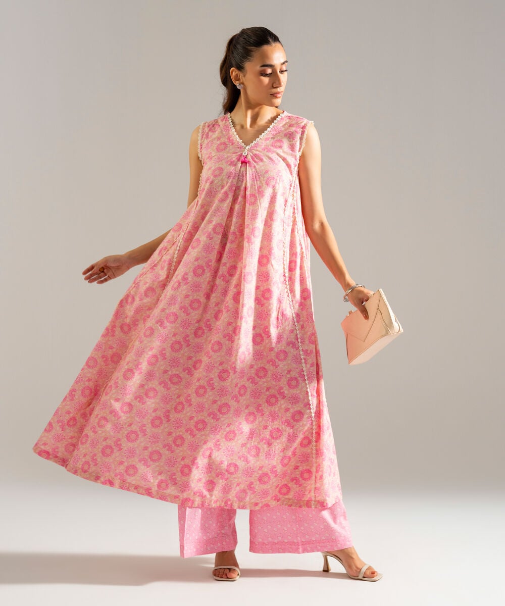 Women's RTW Slub Lawn Printed Pink A-Line Shirt
