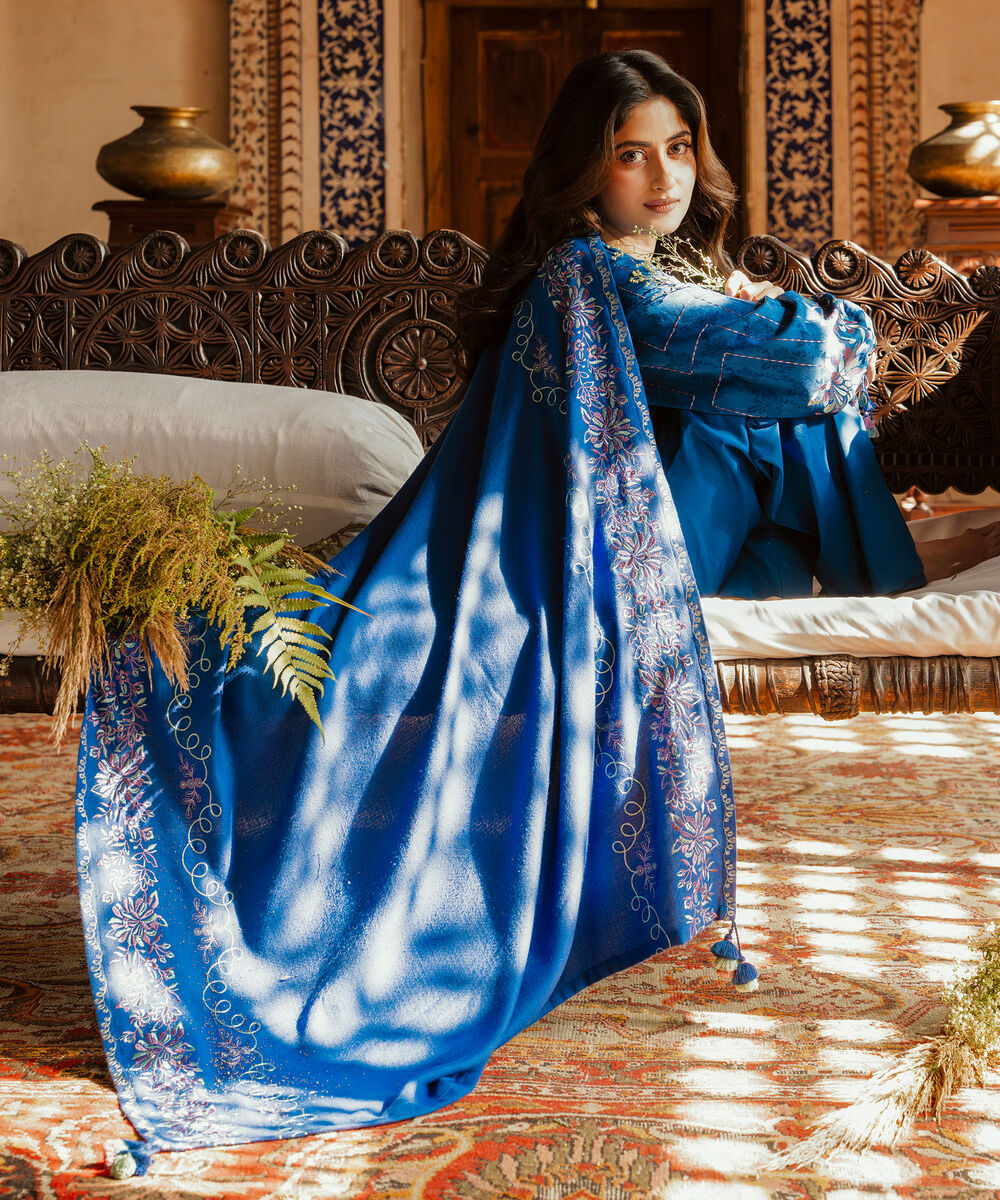 Women's Unstitched Cotton Jacquard Embroidered Blue 3 Piece Suit