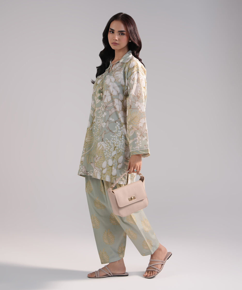 Women's RTW Cambric Printed Green 2 Piece Suit