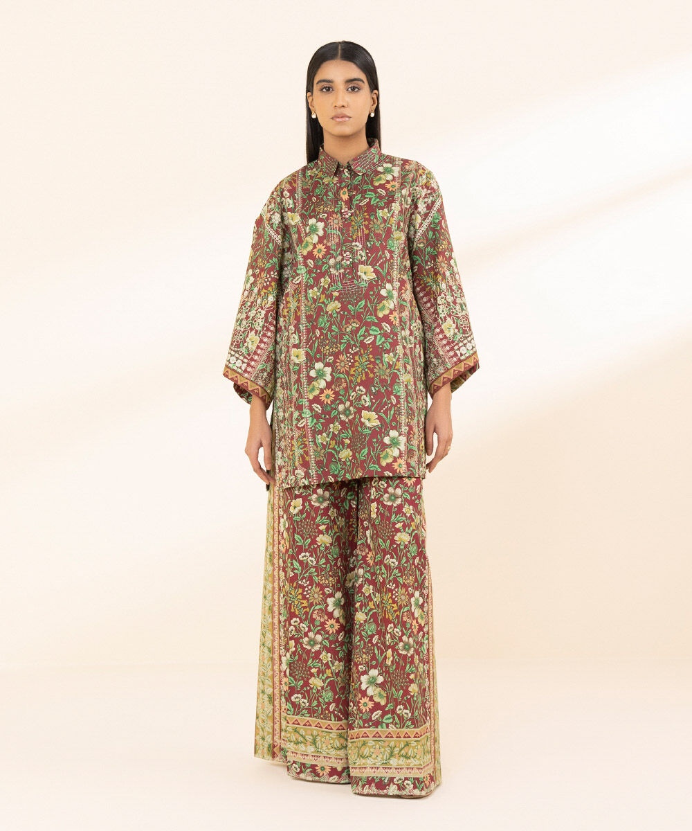 Unstitched Women's Printed Lawn Brown Two Piece Suit