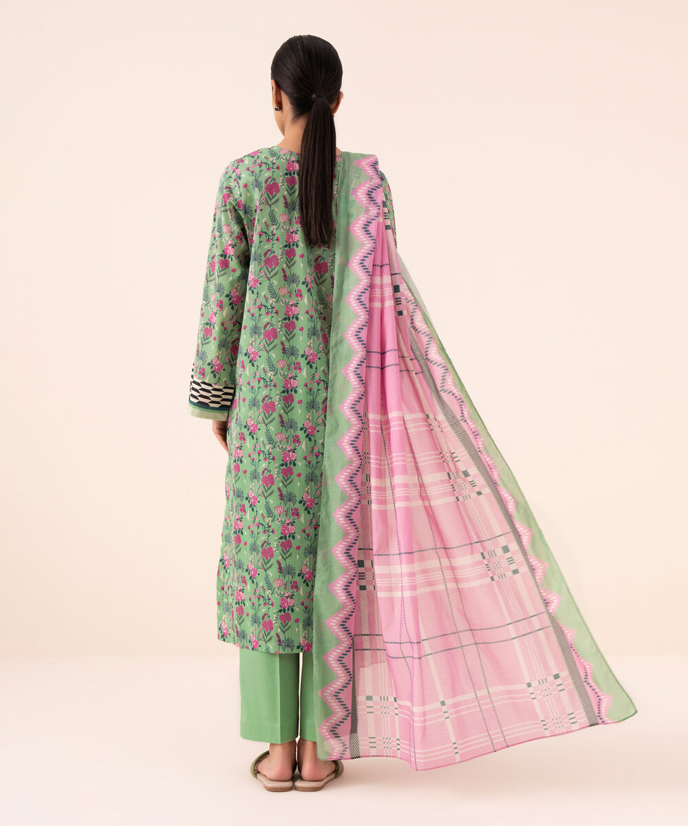Women's Unstitched Cotton Printed Green Three Piece Suit