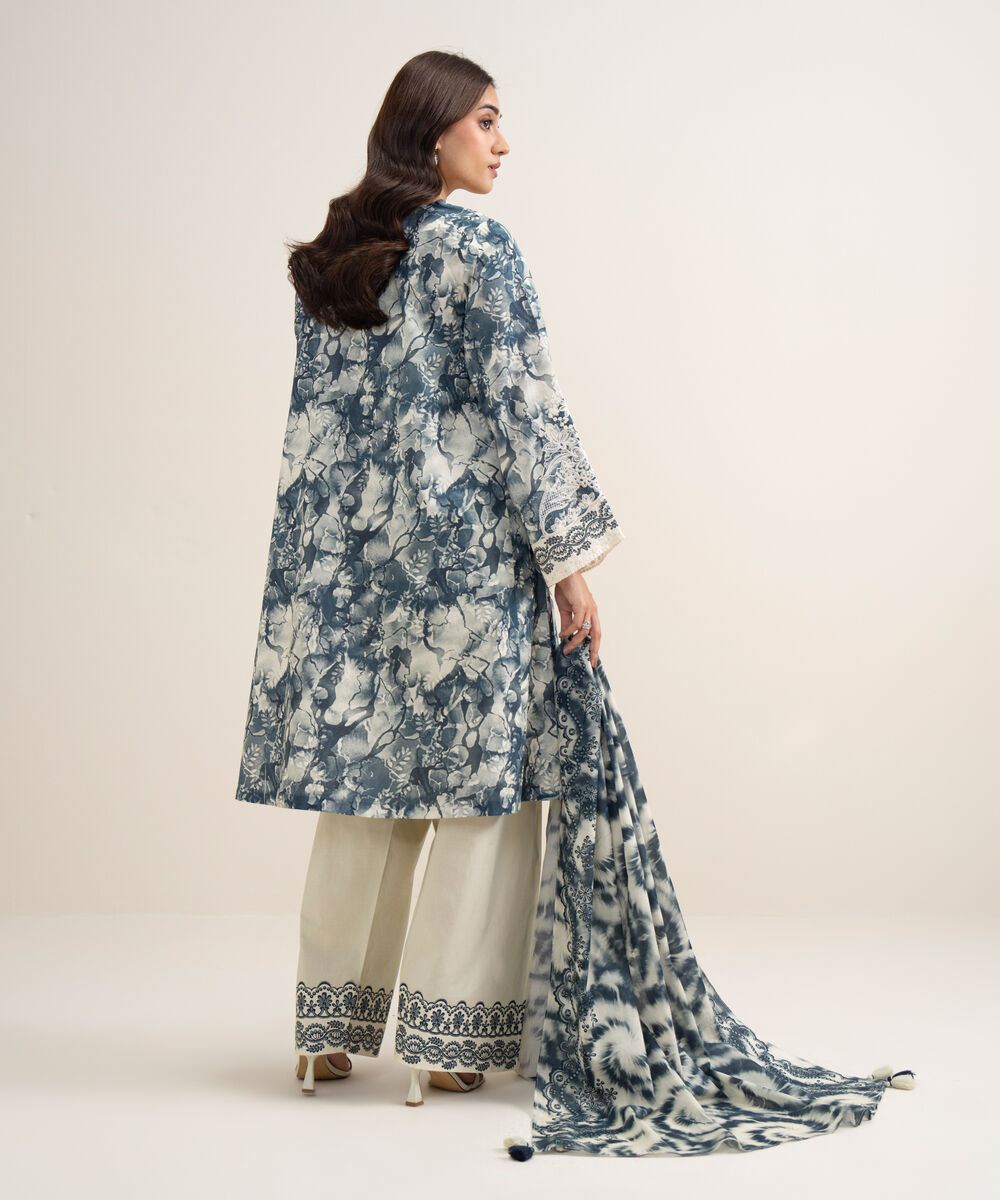 Women's Unstitched Lawn Embroidered Black and Off White 3 Piece Suit