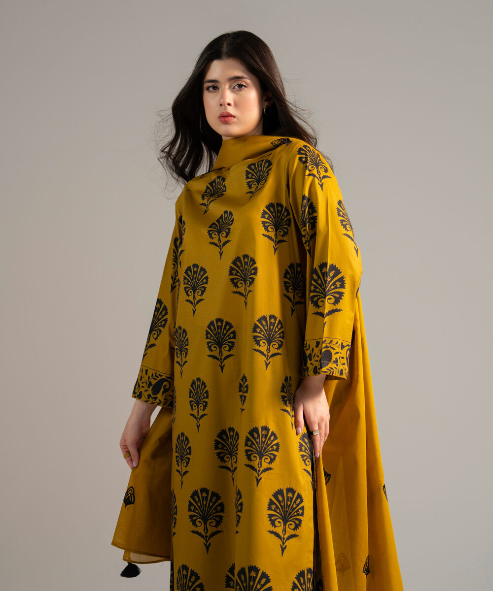 Women's RTW Pima Cotton Printed Mustard Yellow 3 Piece Suit