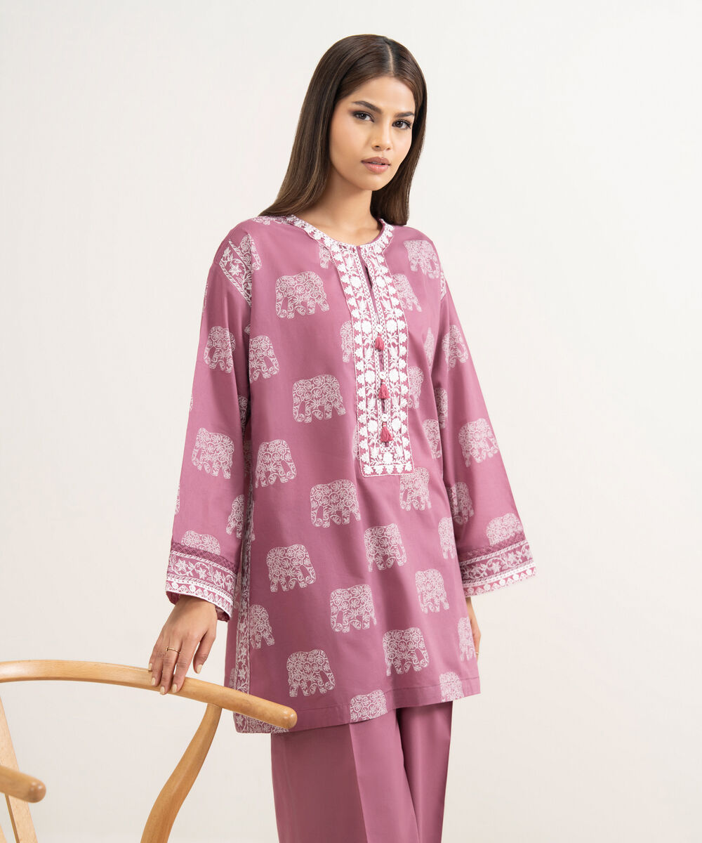 Women's RTW Lawn Embroidered Mauve Boxy Shirt