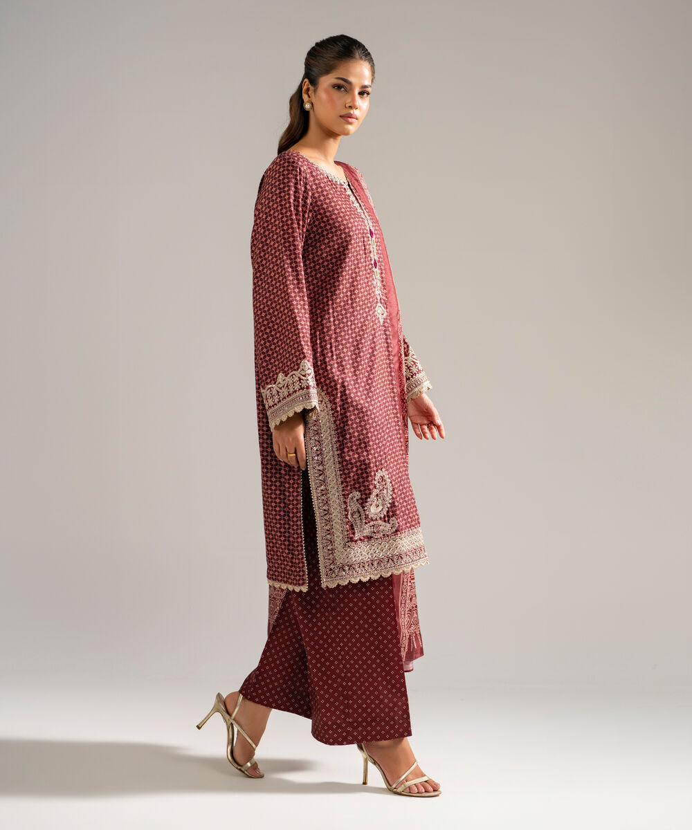 Women's RTW Arabic Dobby Embroidered Maroon 3 Piece Suit