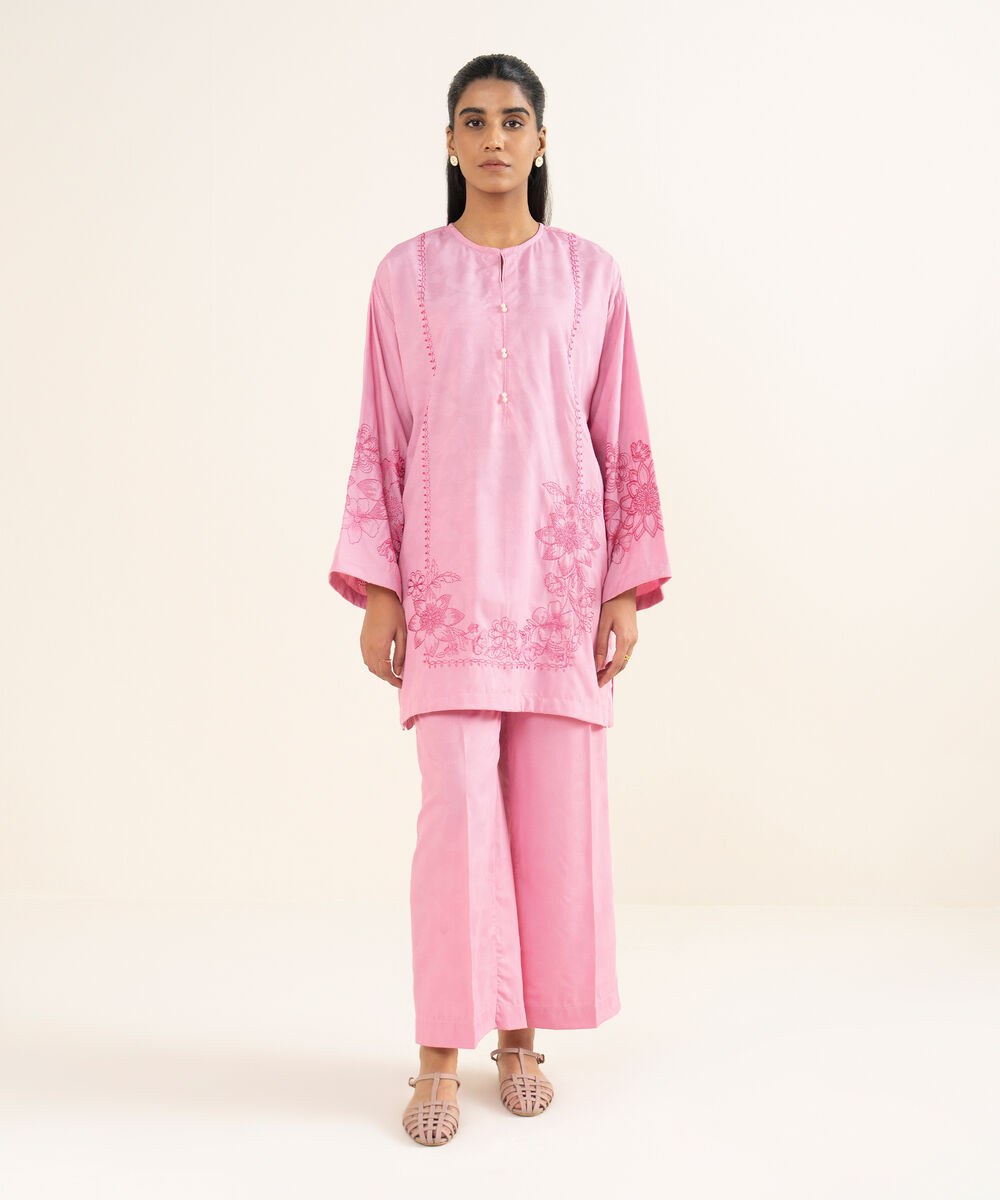 Women's RTW Self Jacquard Leno Embroidered Pink Drop Shoulder Shirt