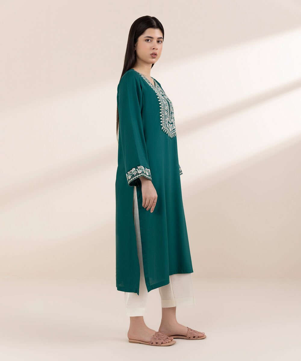 Women's RTW Arabic Lawn Green Embroidered A-Line Shirt