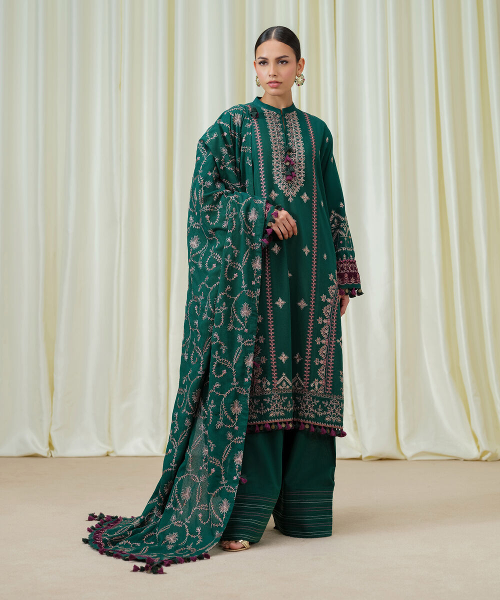 Women's Unstitched Cotton Karandi Embroidered Green 3 Piece Suit