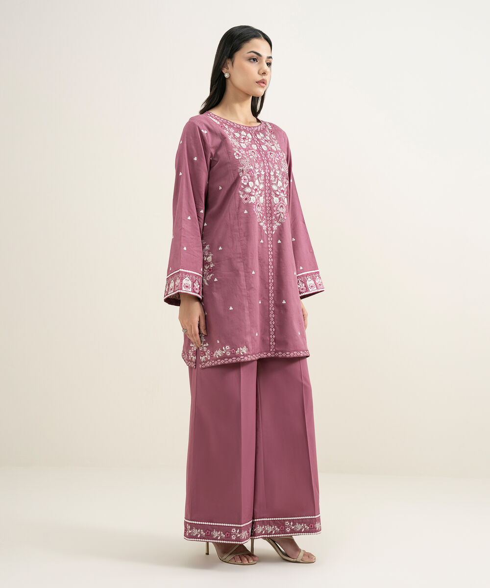 Women's RTW Self Jacquard Embroidered Purple Straight Shirt