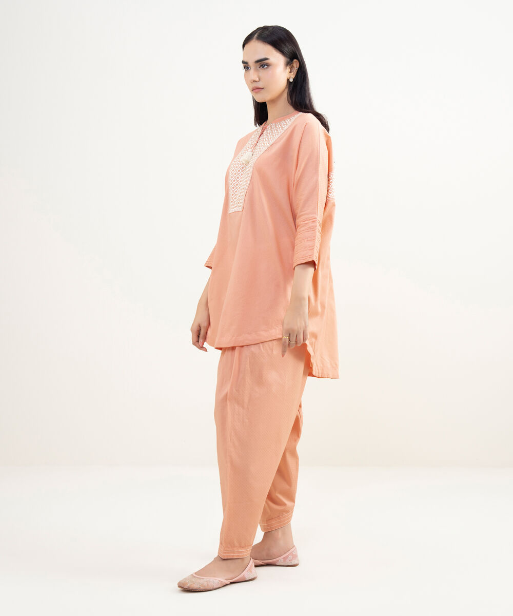 Women's RTW Dobby Embroidered Pink Drop Shoulder Shirt