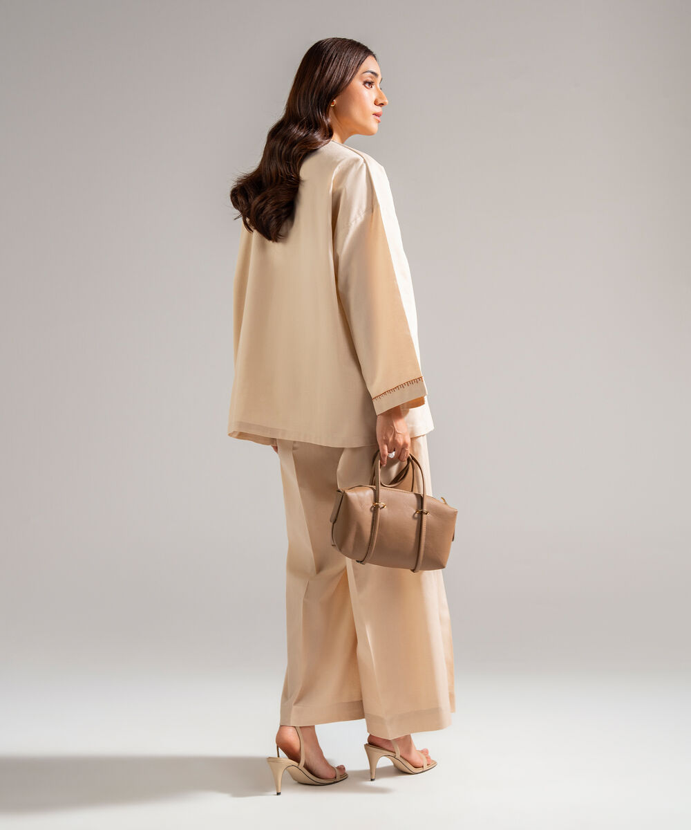Women's RTW Cotton Linen Solid Beige 2 Piece Suit