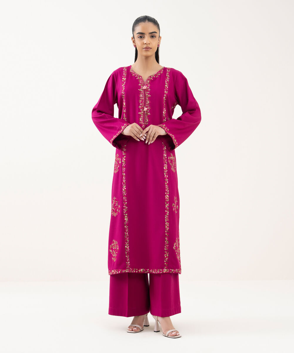 Women's RTW Cotton Viscose Embroidered Pink A-Line Shirt