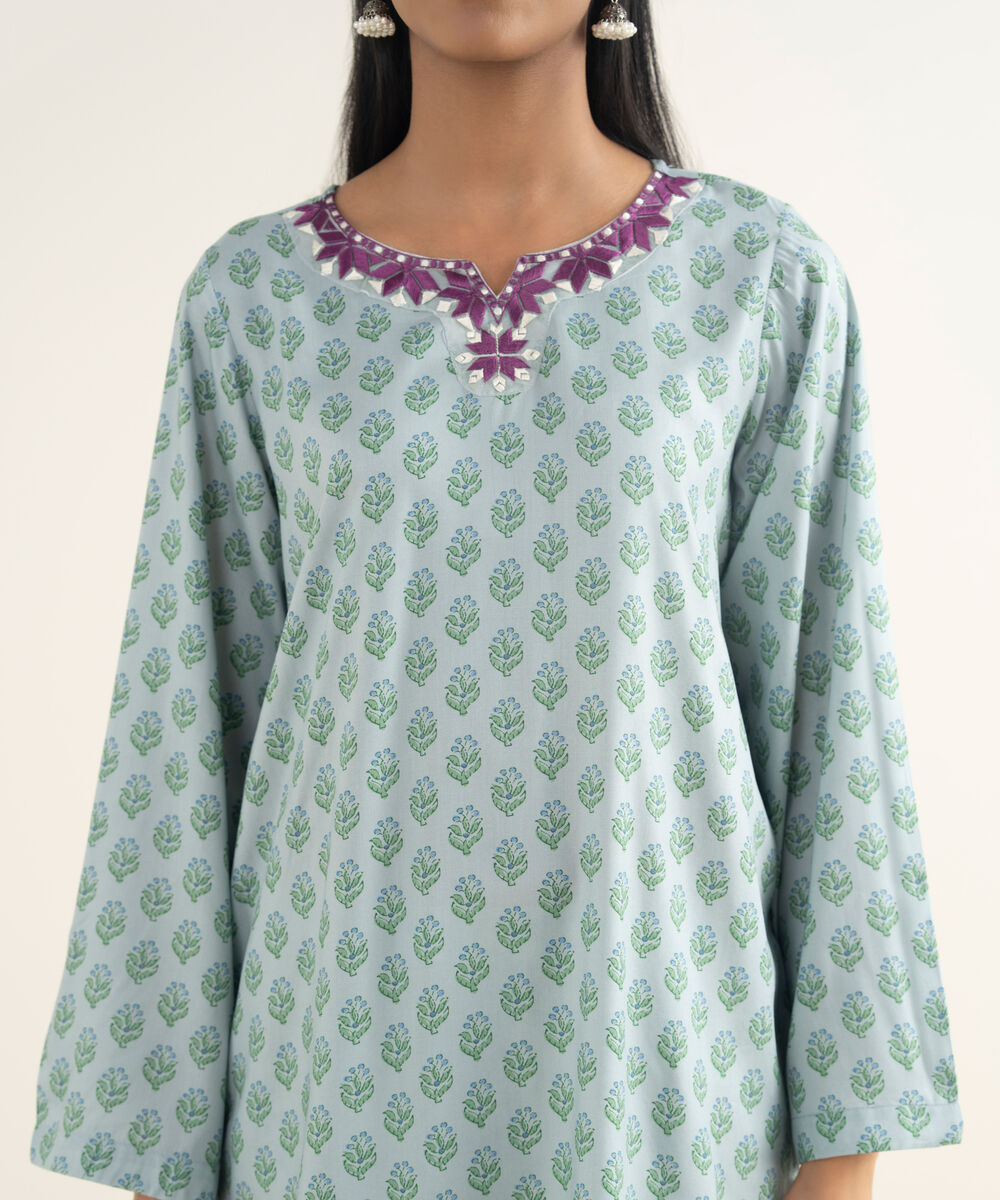 Women's RTW Arabic Lawn Embroidered Straight Blue Shirt