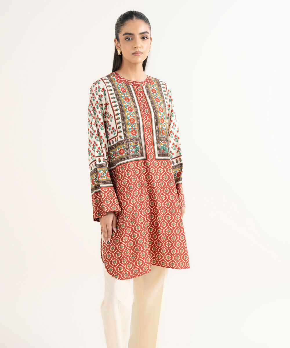 Women's RTW Cotton Printed Boxy Red Shirt