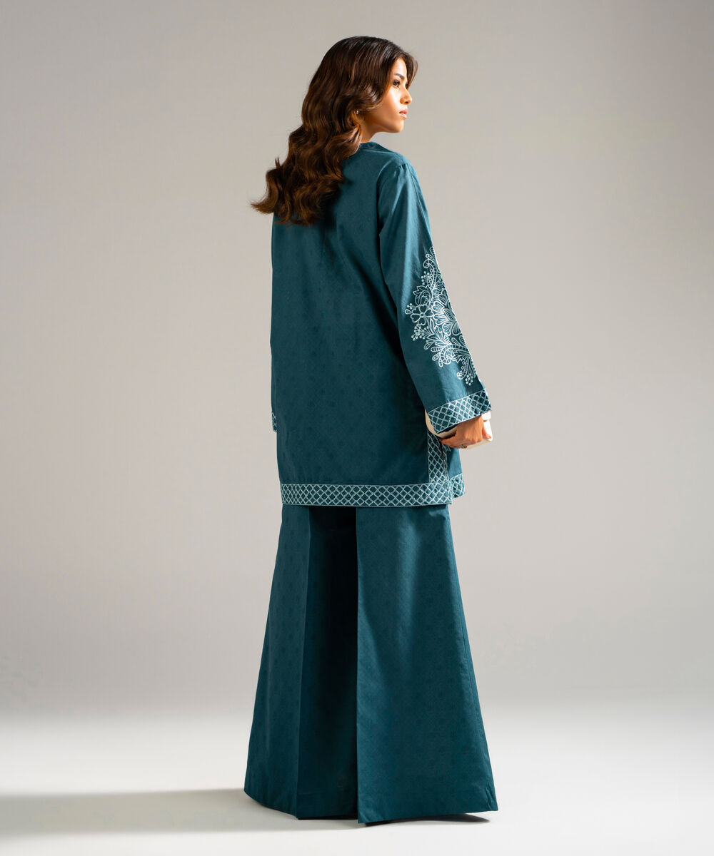 Women's RTW Self Jacquard Embroidered Teal 2 Piece Suit