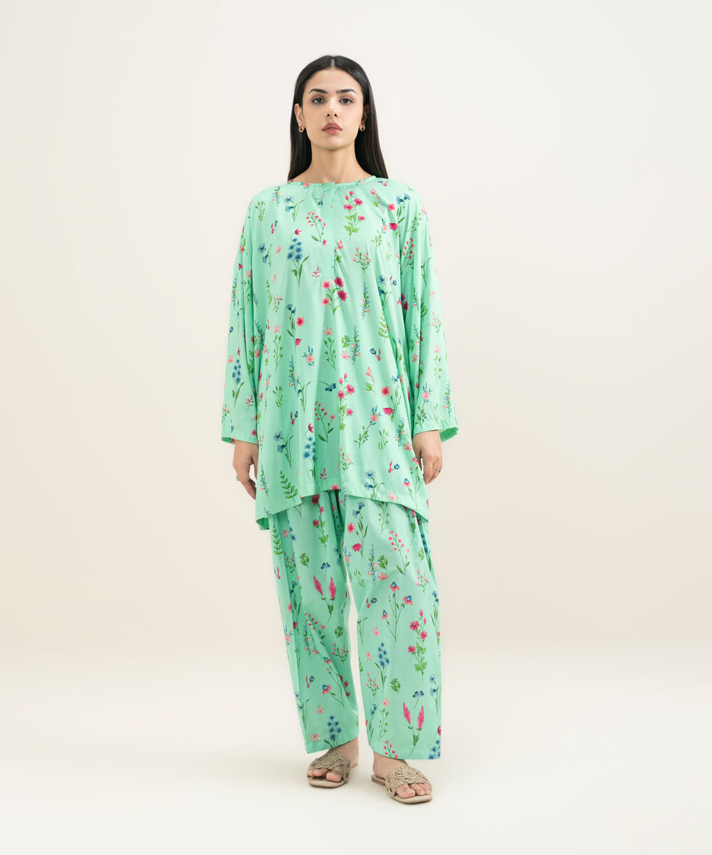 Women's RTW Arabic Lawn Printed Turquoise 2 Piece Suit