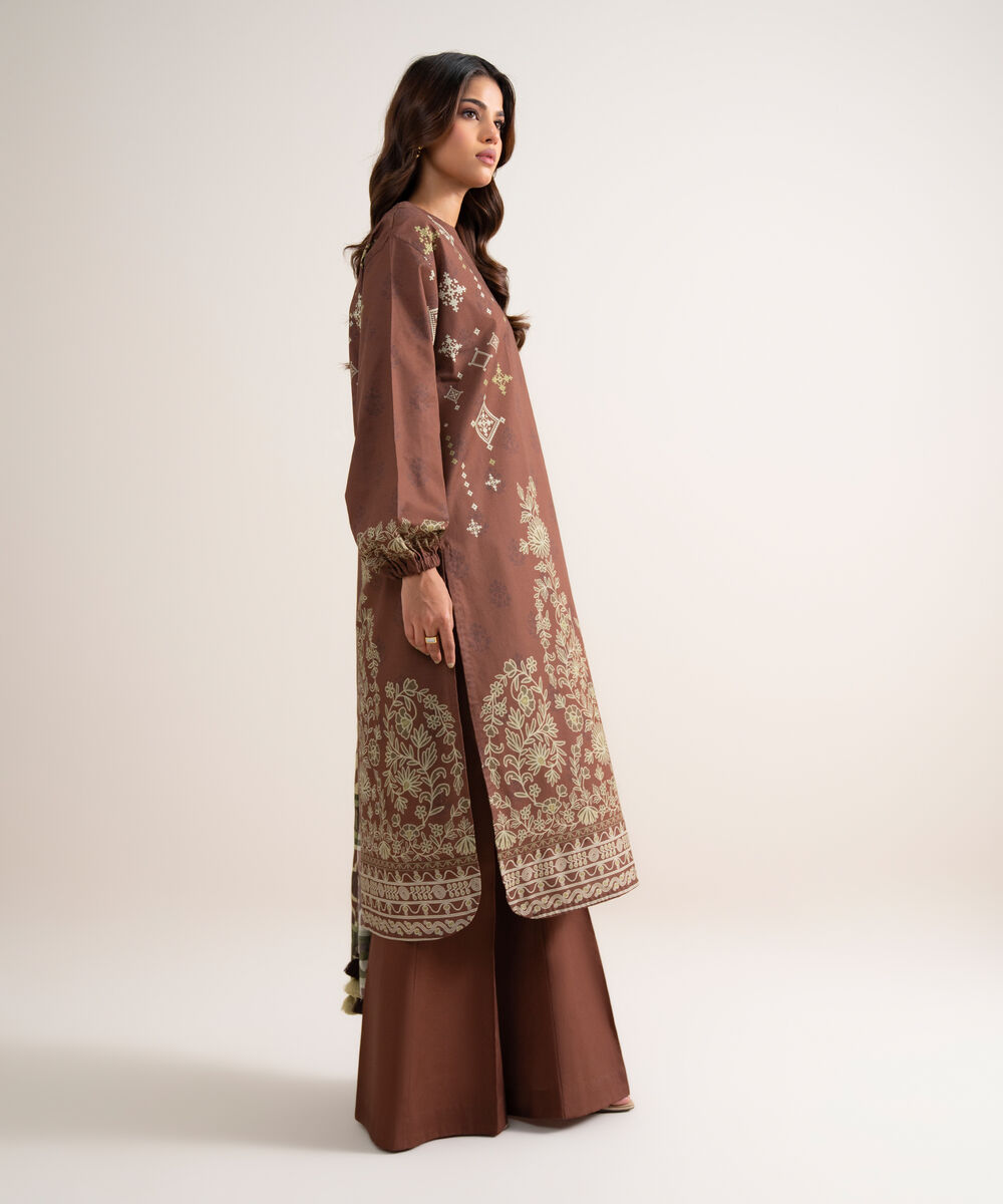 Women's Unstitched Printed Lawn Brown 3 Piece Suit
