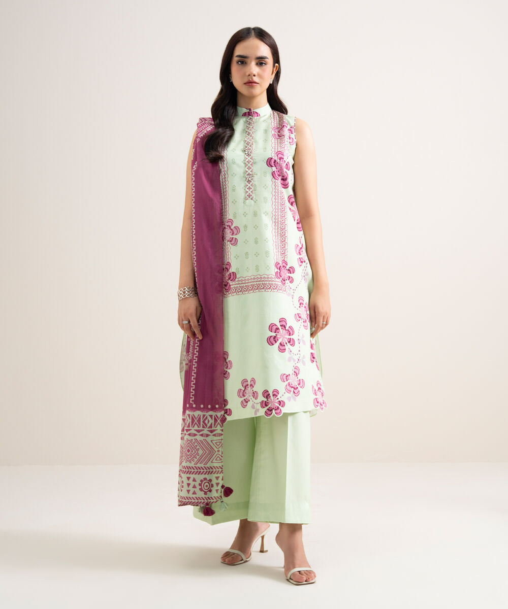 Women's Unstitched Cotton Printed Light Green  3 Piece Suit