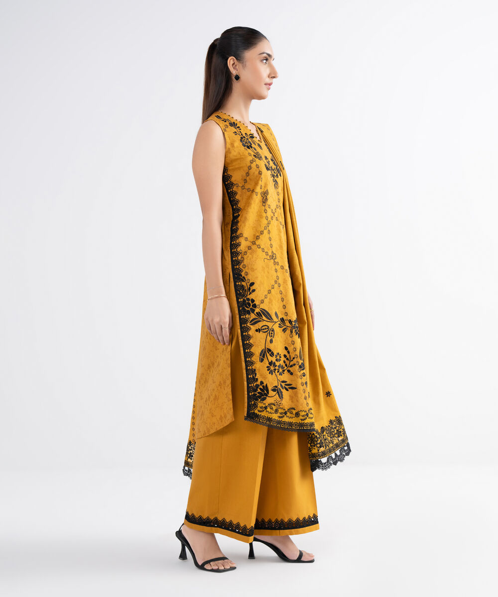 Women's Unstitched Cotton Jacquard Embroidered Yellow 3 Piece Suit