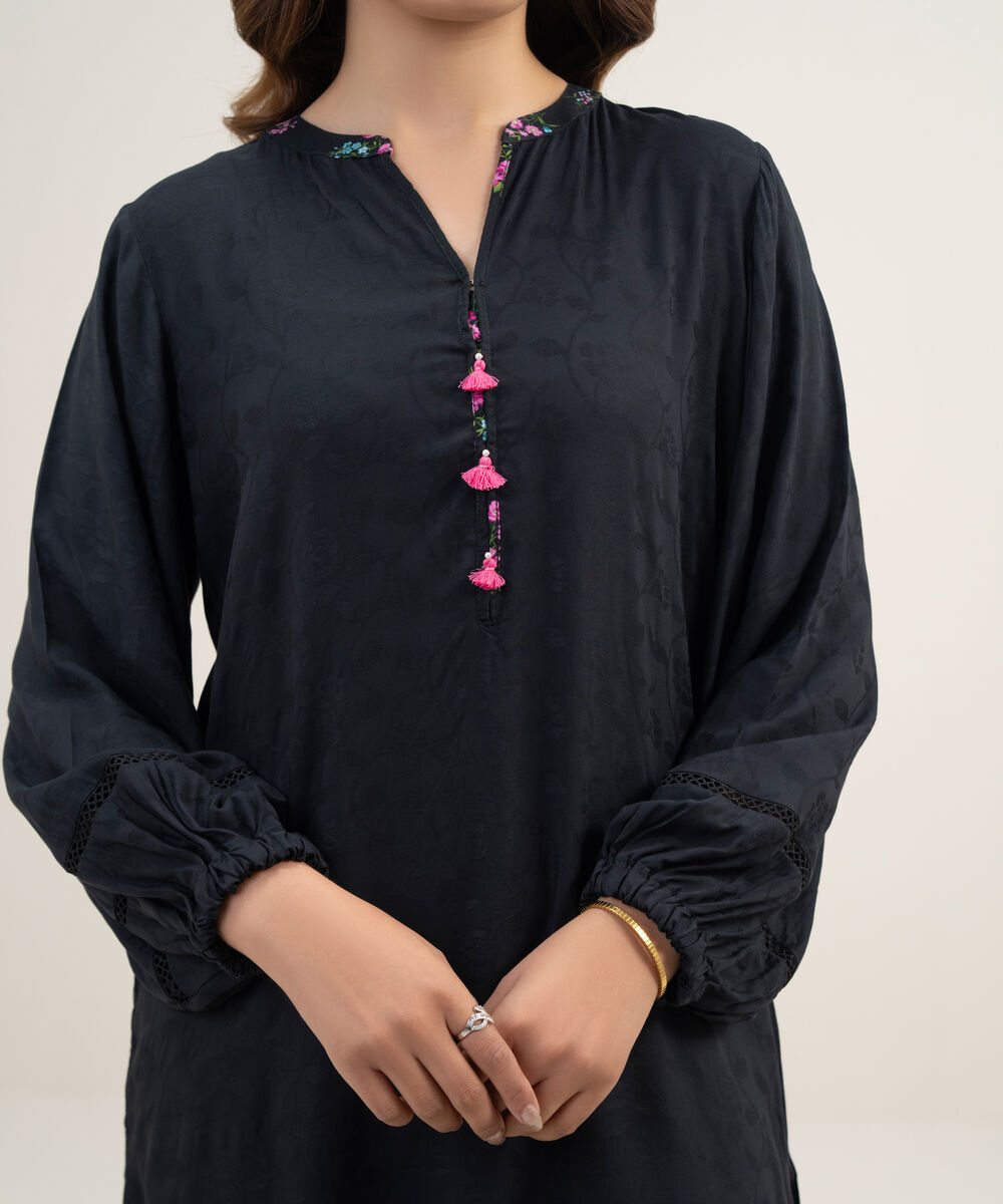 Women's RTW Arabic Self Jacquard Solid Black Straight Shirt