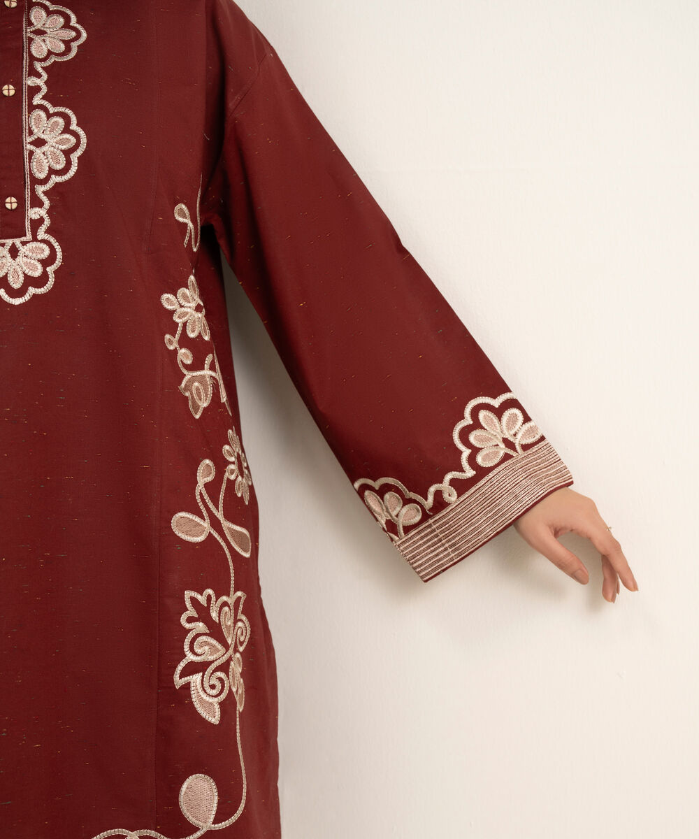 Women's RTW Multi Neps Embroidered Maroon Boxy Shirt