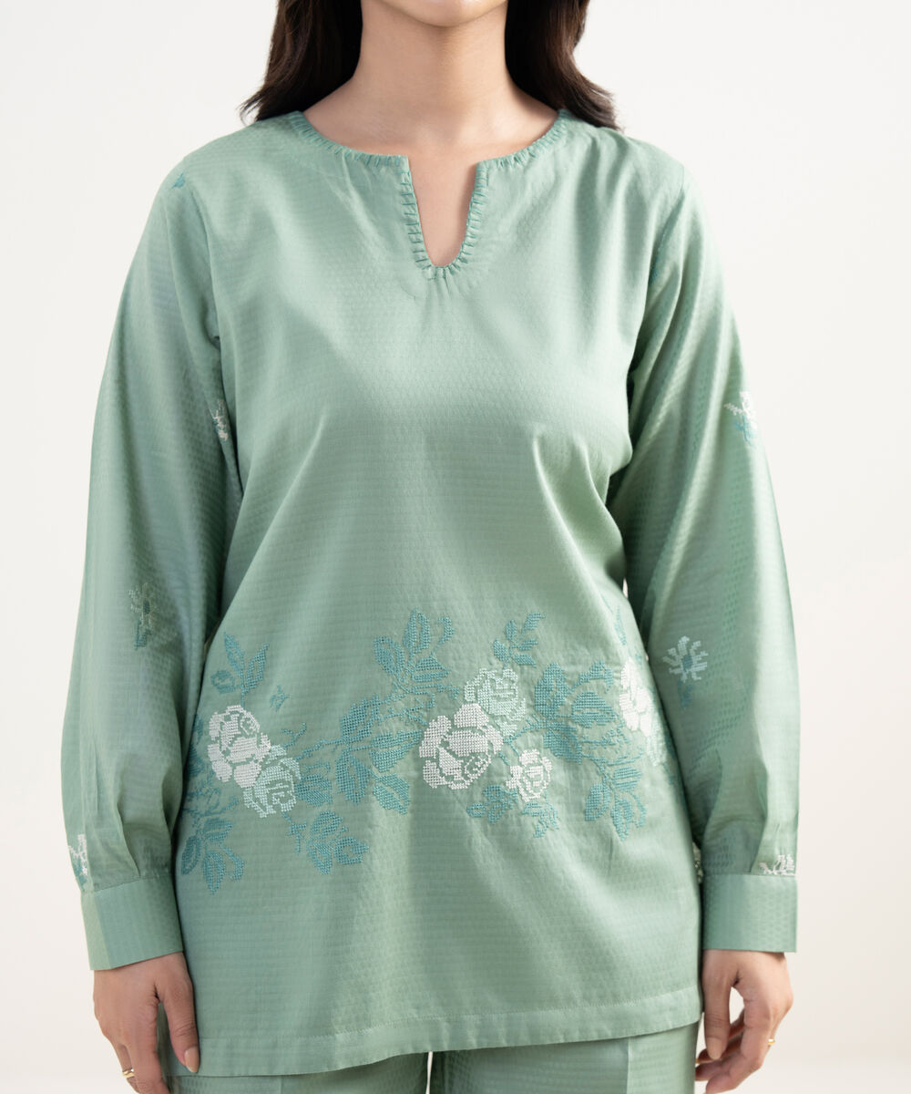 Women's RTW Dobby Embroidered Green Straight Shirt