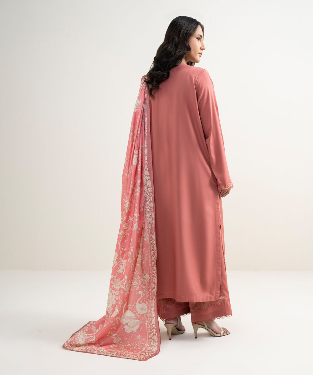 Women's RTW Raw Silk Viscose Embroidered Salmon 3 Piece Suit