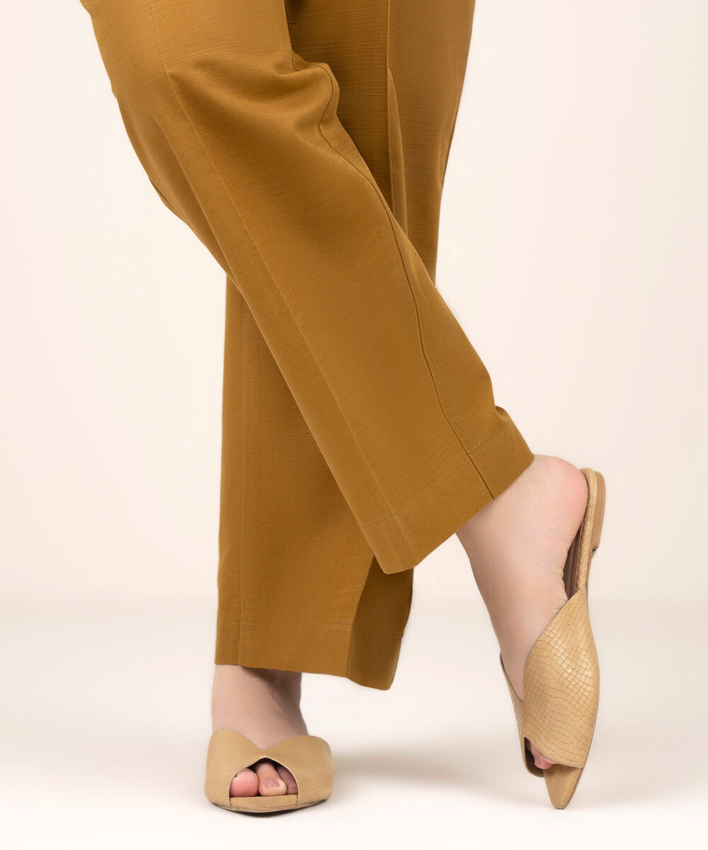 Women's RTW Khaddar Solid Brown Straight Pants