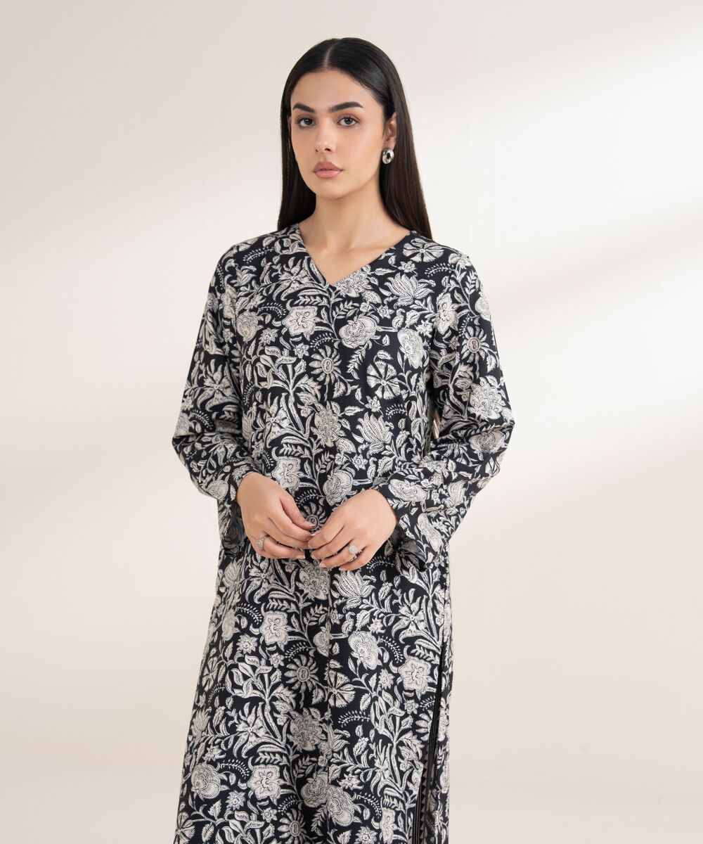 Women's RTW Arabic Khaddar Printed Straight Black Shirt