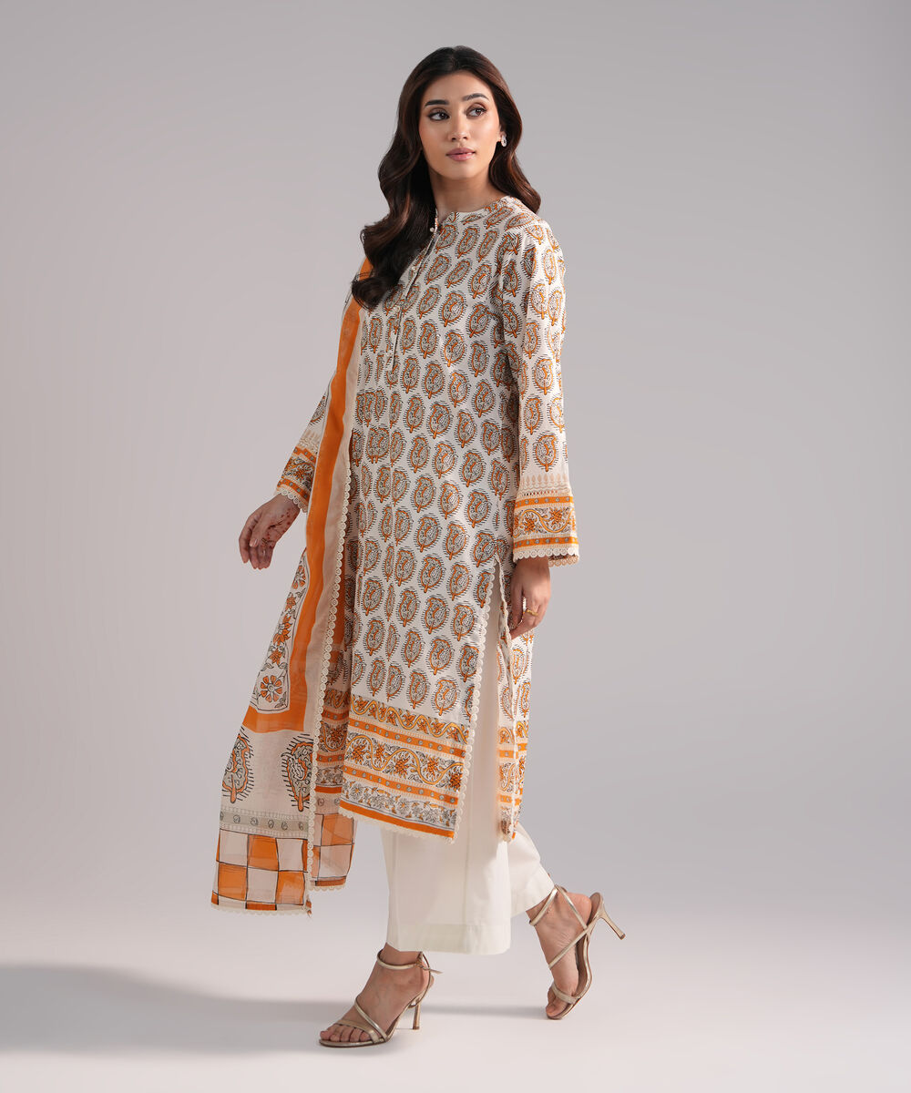 Women's RTW Lawn Printed Off White 3 Piece Suit