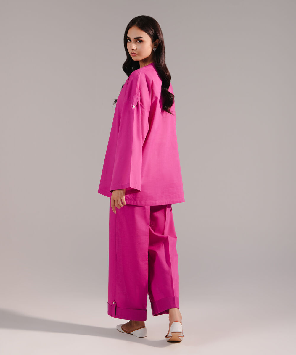 Women's RTW Crosshatch Solid Pink Drop Shoulder Shirt