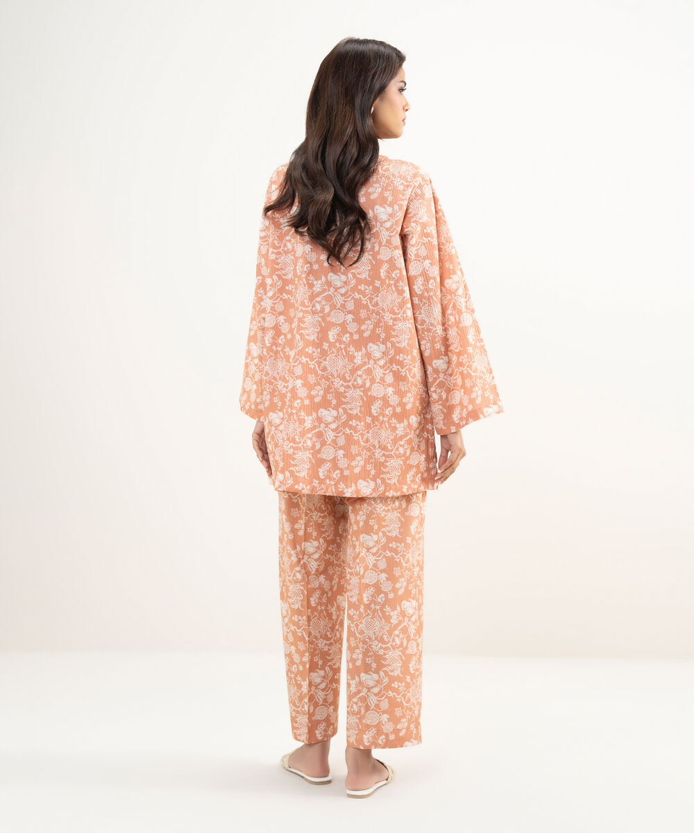 Women's RTW Seersucker Printed Orange Straight Shirt