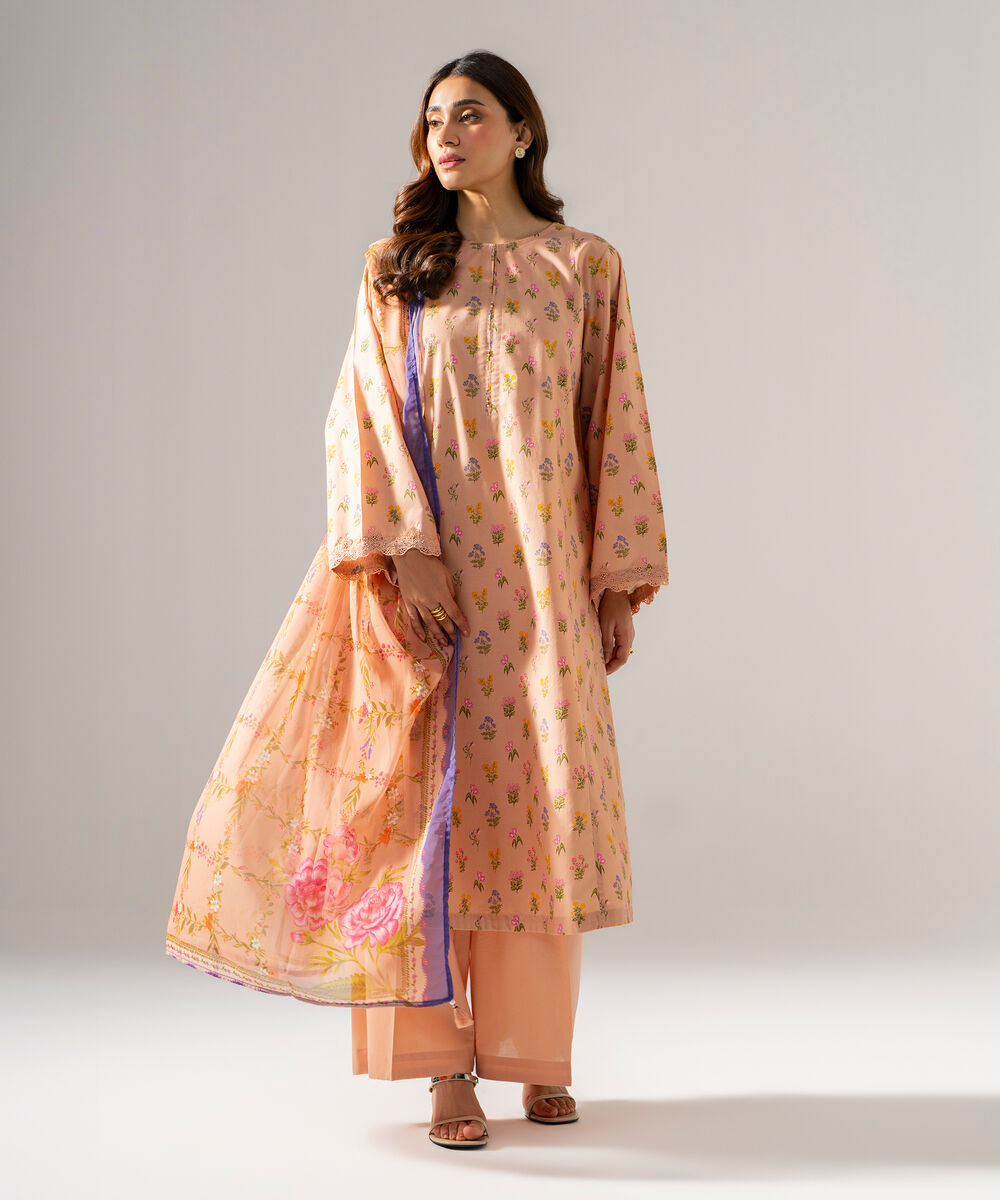 Women's RTW Blended chiffon Printed Peach Dupatta