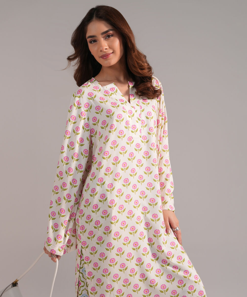 Women's RTW Arabic Lawn Printed White Straight Shirt