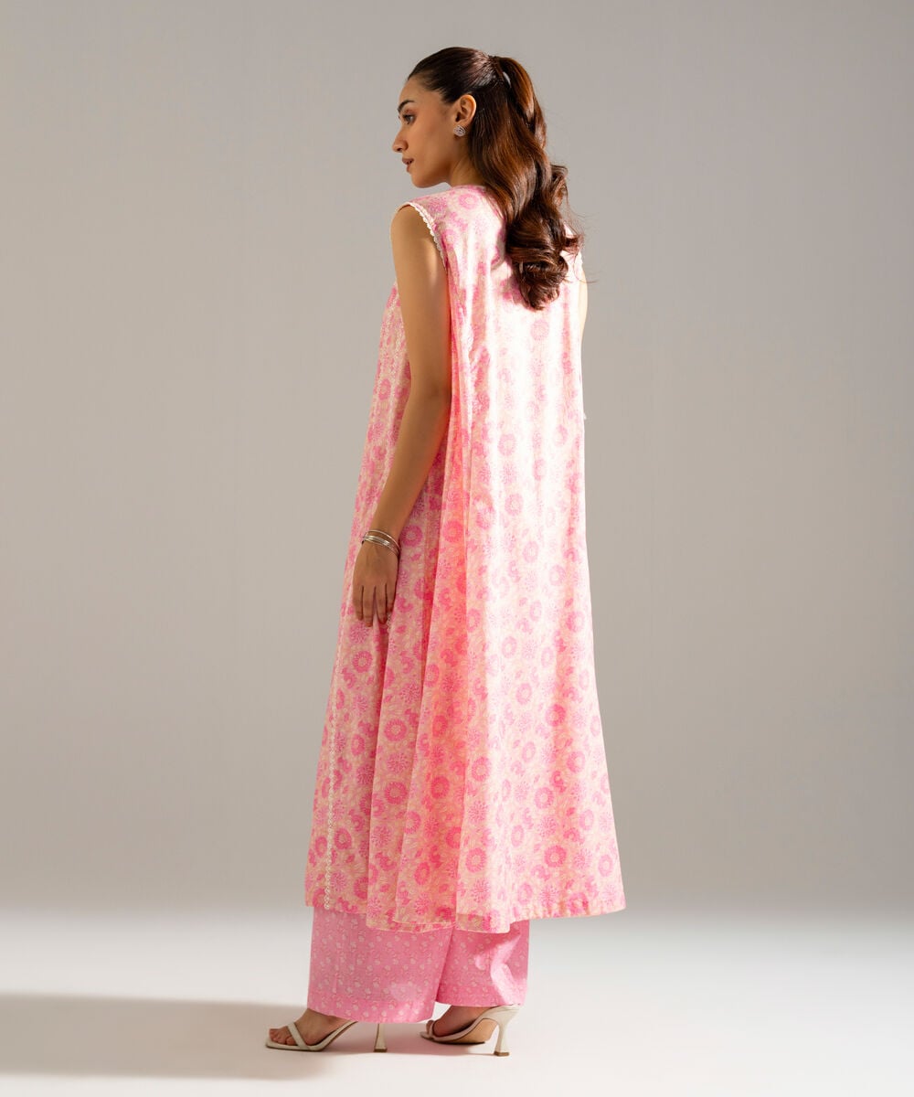 Women's RTW Slub Lawn Printed Pink A-Line Shirt