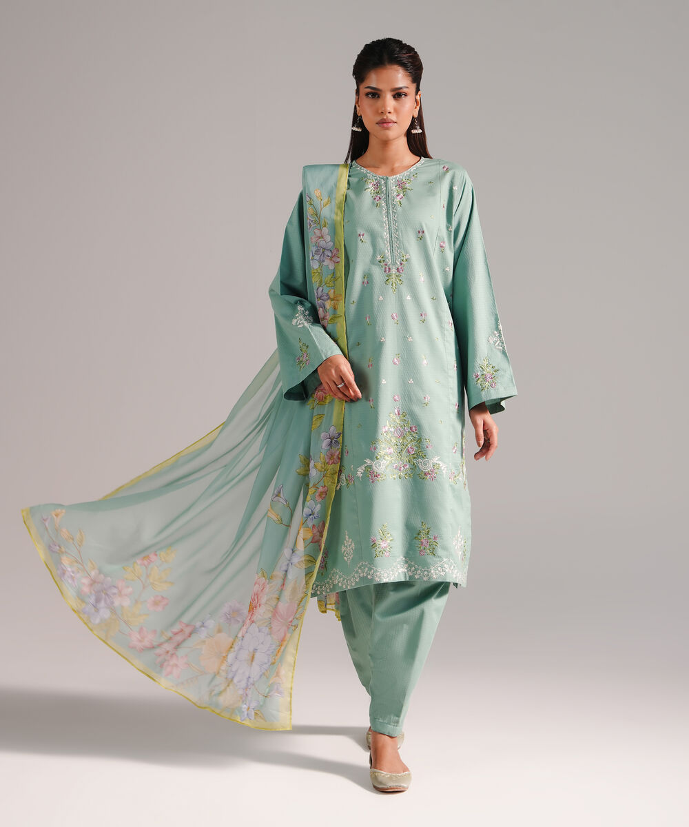 Women's RTW Dobby Embroidered Green 3 Piece Suit