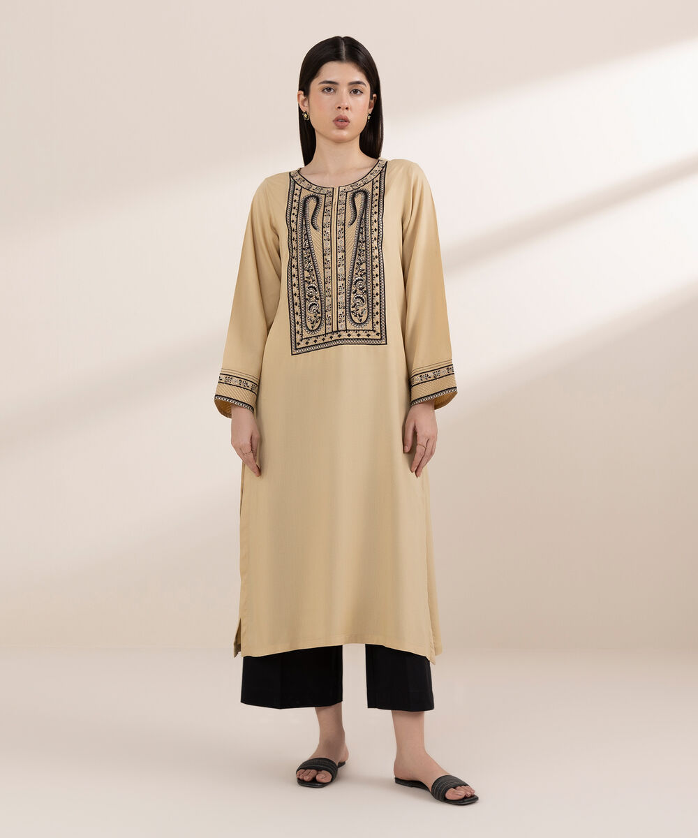 Women's RTW Arabic Lawn Beige Embroidered A-Line Shirt